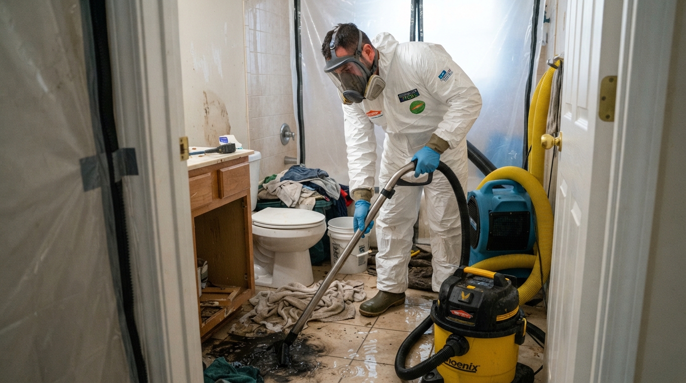 restoration technician in protective equipment performing contaminated water cleanup in a bathroom
