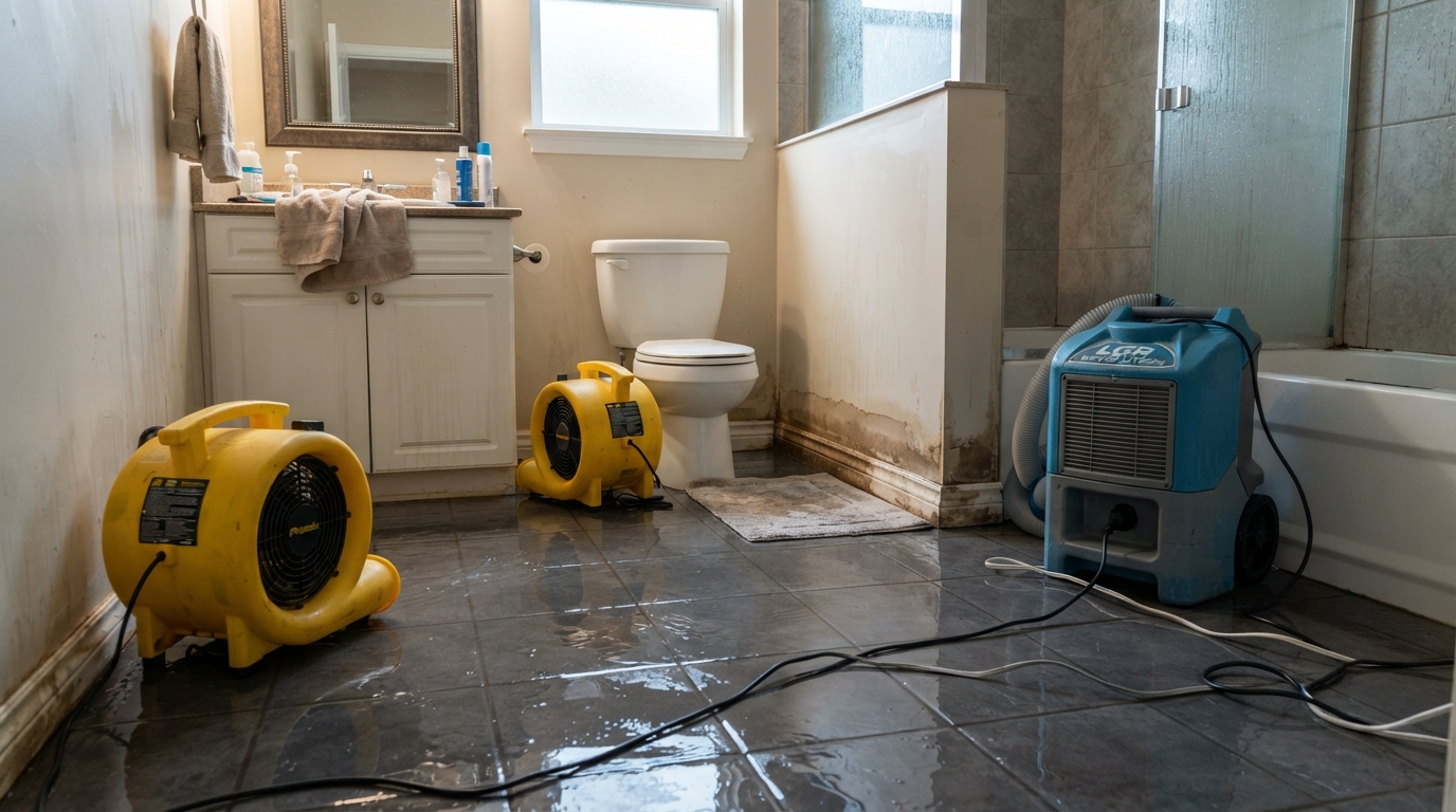 bathroom interior with water on tile floor and professional restoration drying equipment running