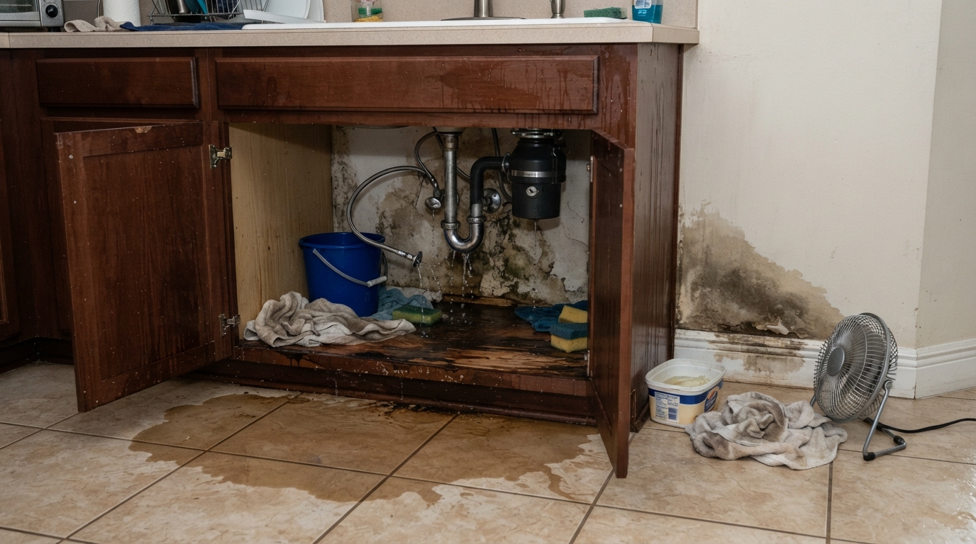Kitchen cabinet with burst pipe leak before cleanup in St. Augustine, Florida