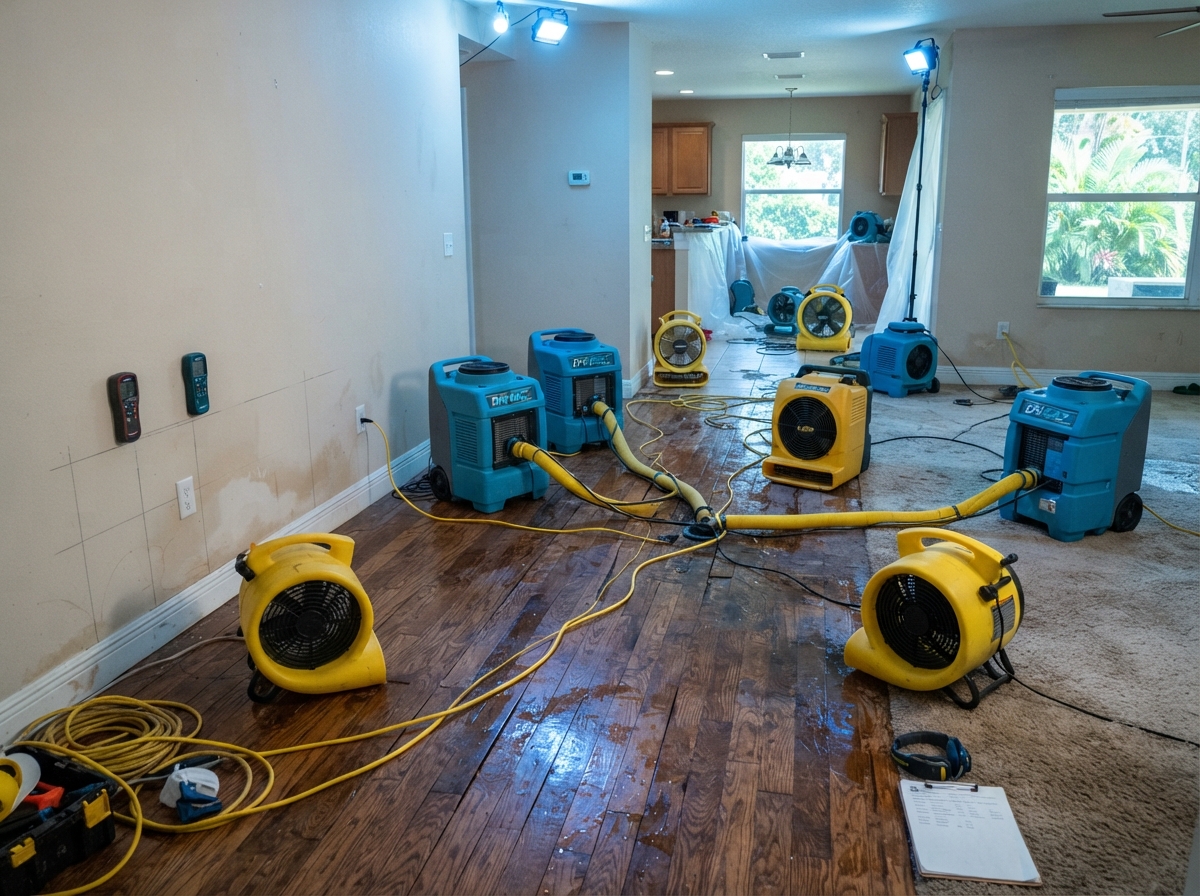 Commercial air movers and dehumidifiers drying water damaged flooring in a Florida home