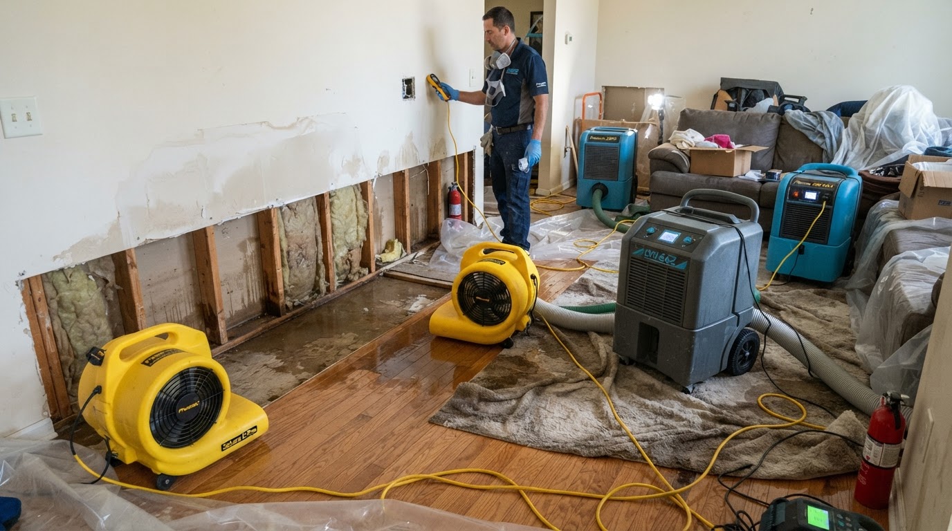 commercial air movers and dehumidifiers operating in a water-damaged room for structural drying