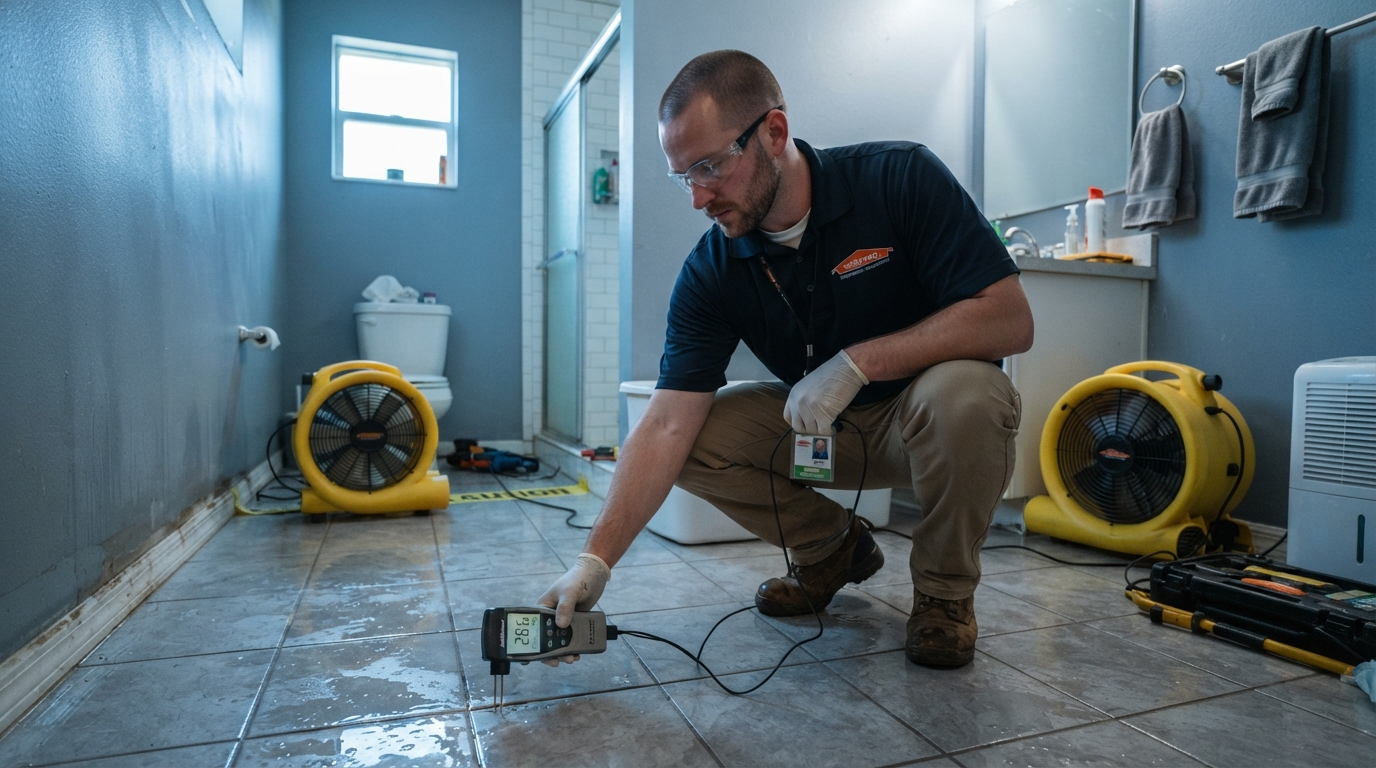 restoration technician using a moisture meter to check for water beneath tile flooring after a toilet overflow in Palatka Florida