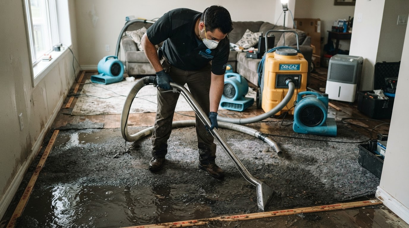 professional restoration technician using a commercial water extractor to remove standing water from a flooded room