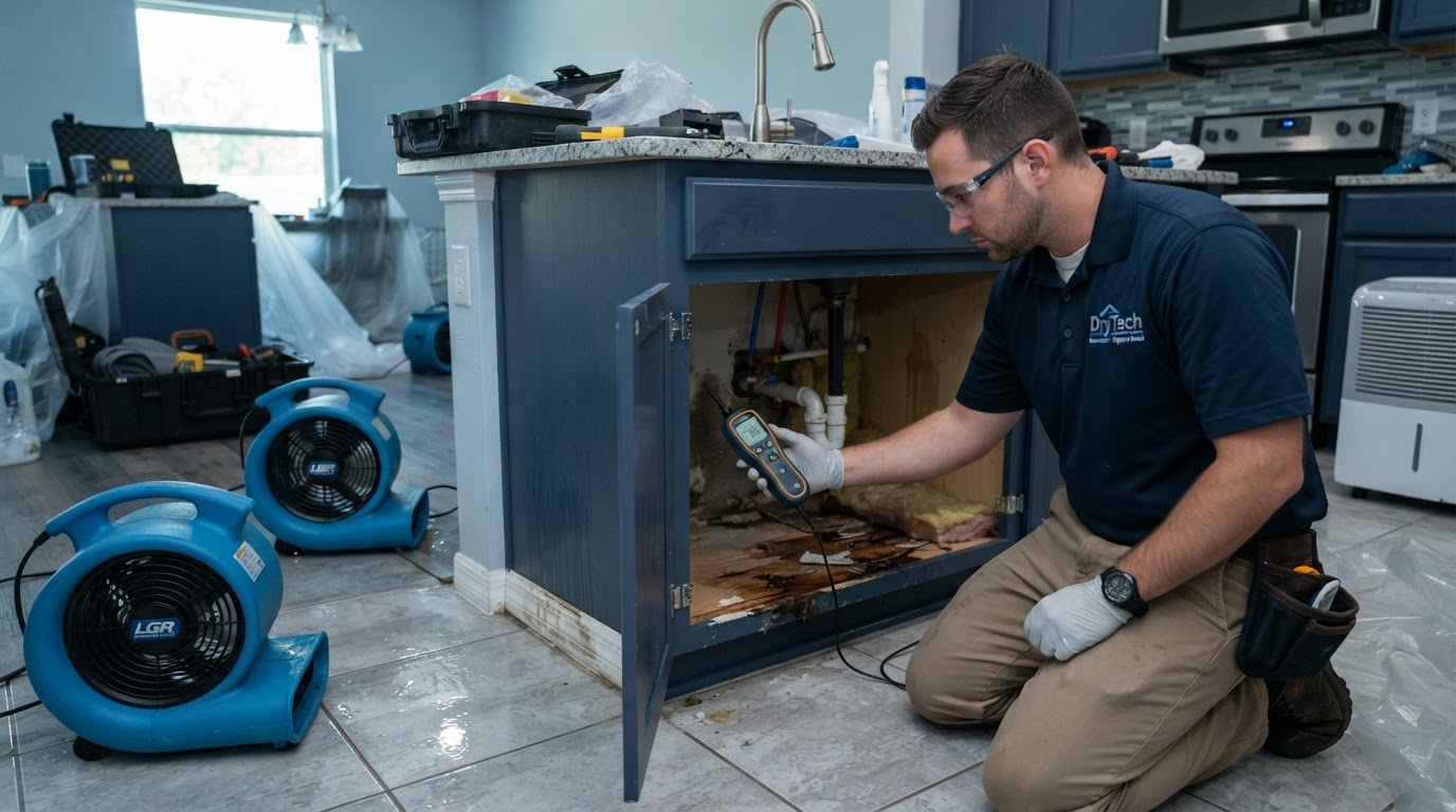 restoration technician using a moisture meter on wet drywall under a kitchen sink in a South Daytona Florida home