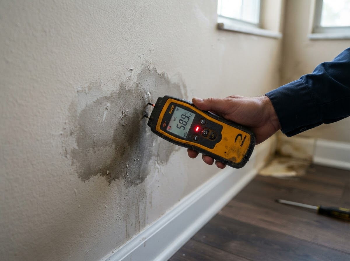 moisture meter checking drywall for hidden water after a plumbing leak in St. Augustine