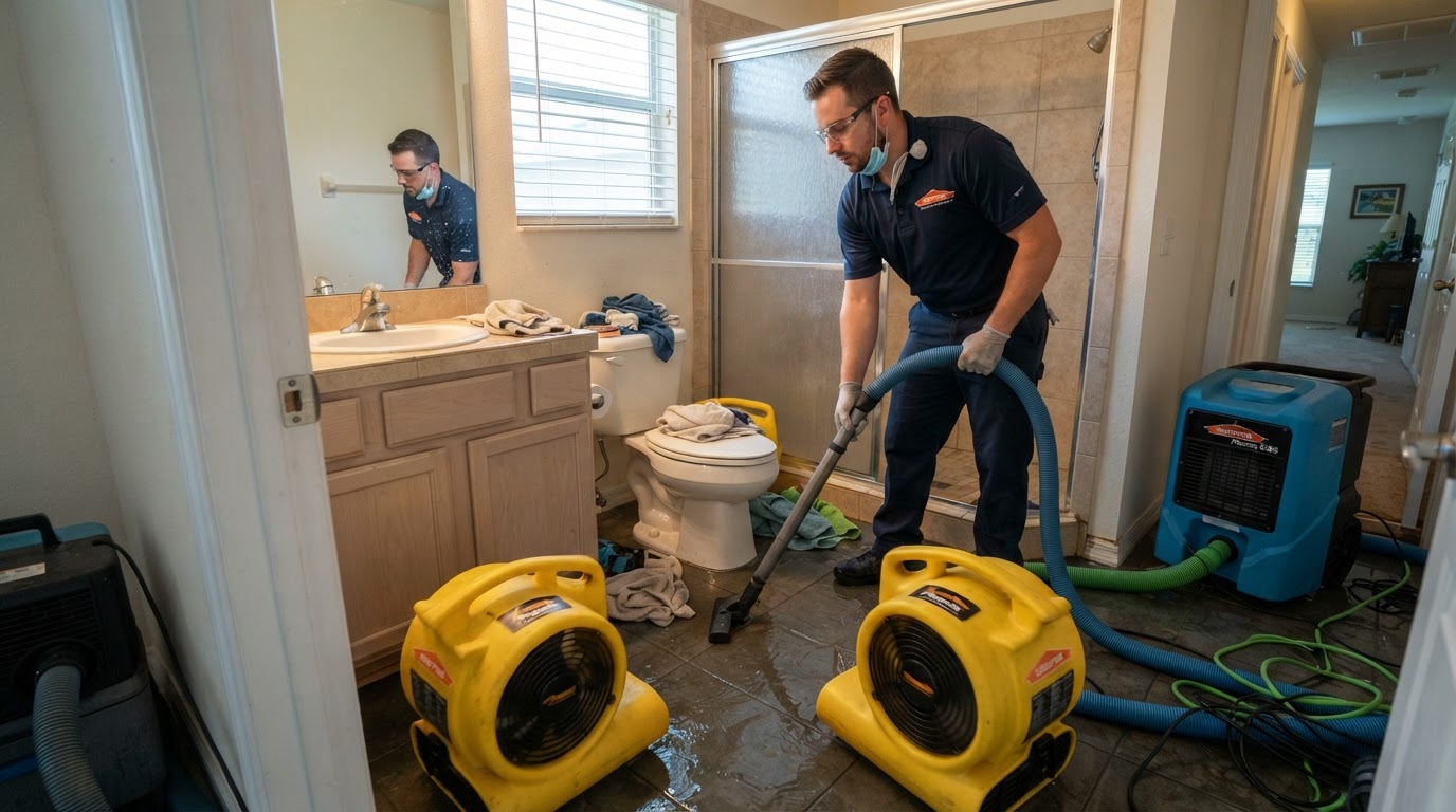 restoration equipment drying a water-damaged bathroom floor in a home near Ormond Beach Florida