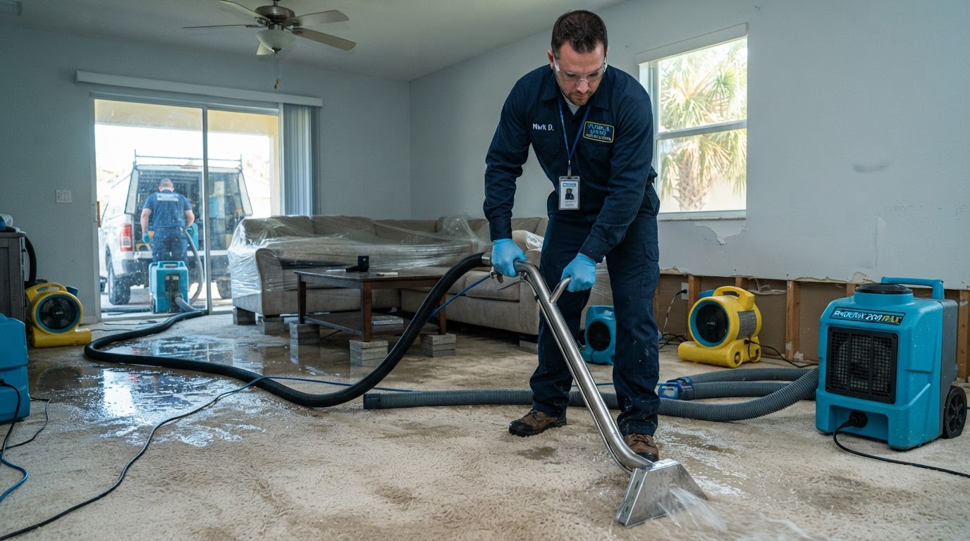 water extraction equipment removing standing water from a flooded living room in Holly Hill Florida