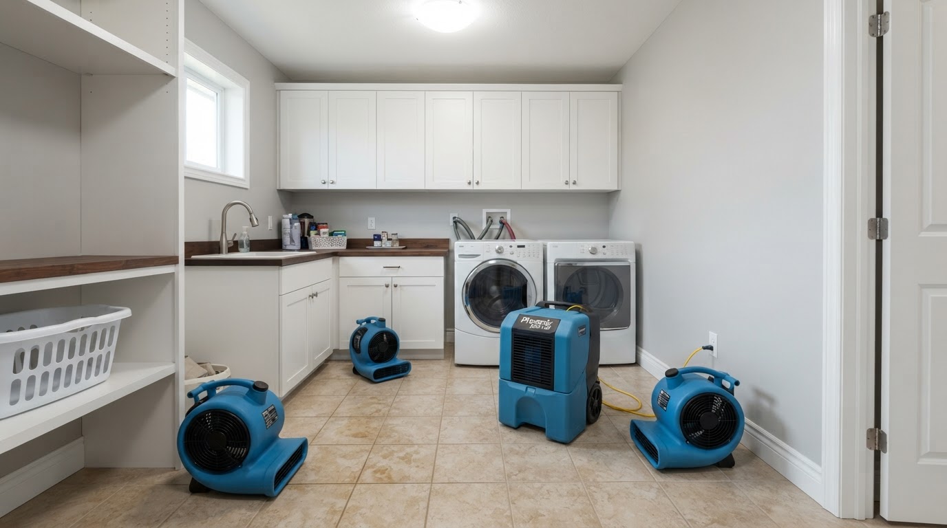 Same laundry room after overflow cleanup near St. Augustine, Florida