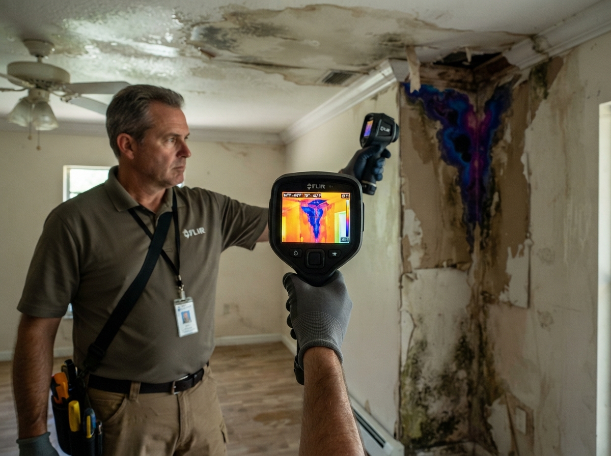 thermal imaging camera detecting hidden moisture in walls and ceilings of a St. Augustine home
