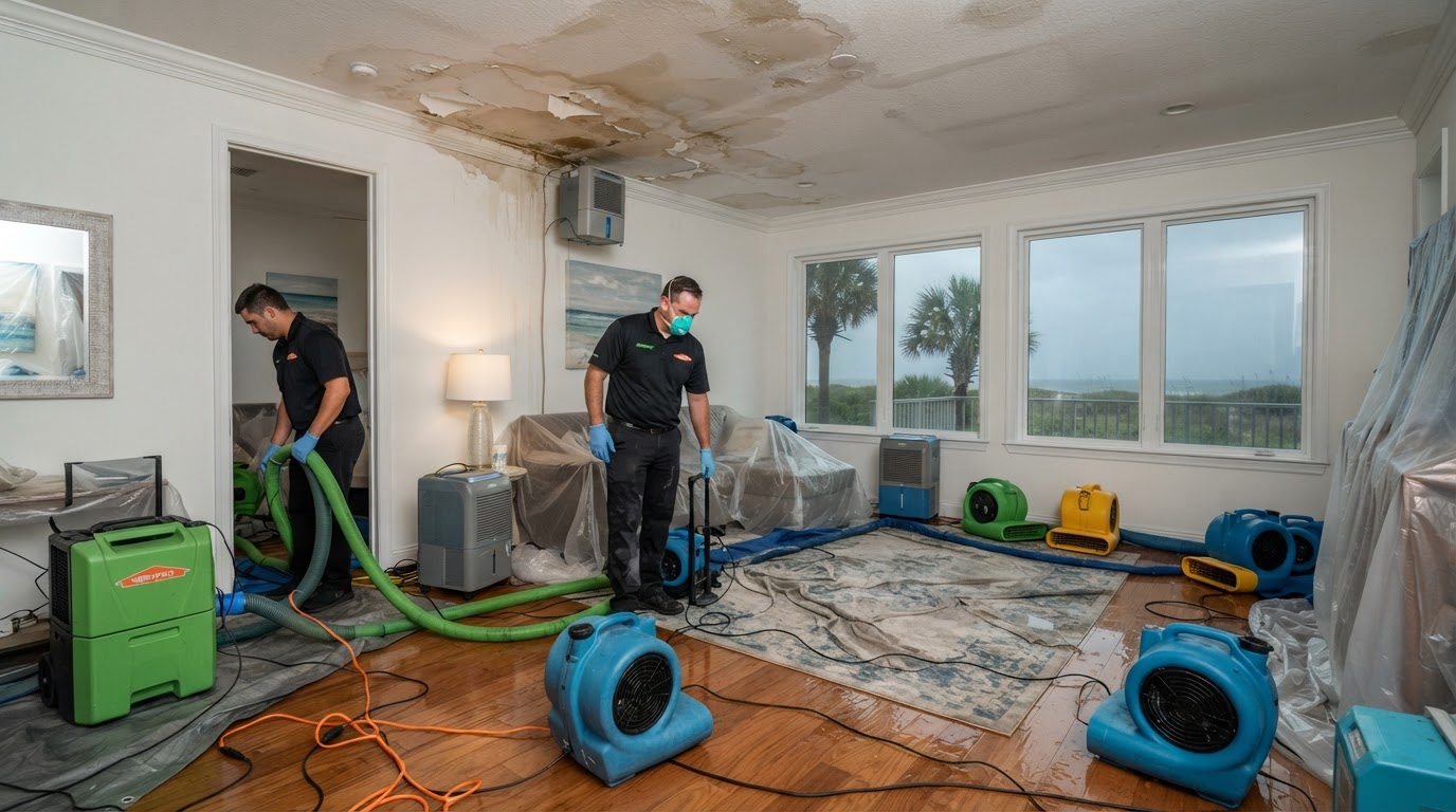 air movers drying a water-damaged ceiling and walls in a coastal home near St. Augustine Beach Florida