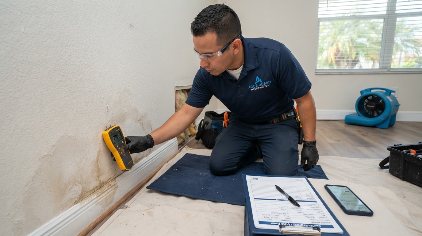 water damage restoration technician inspecting a moisture meter on drywall in a Palm Coast home