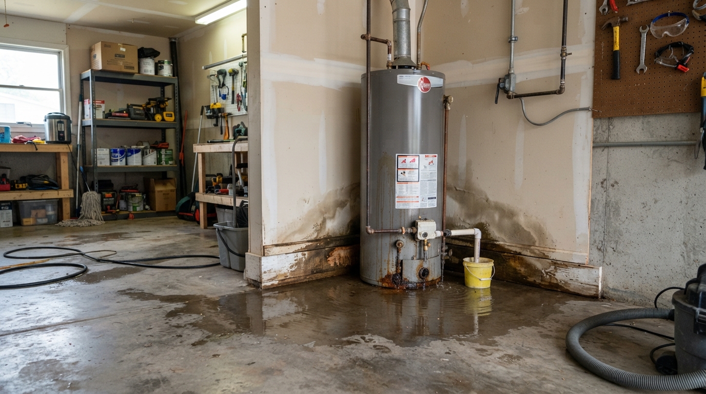 Garage with water heater leak before cleanup in St. Augustine, Florida