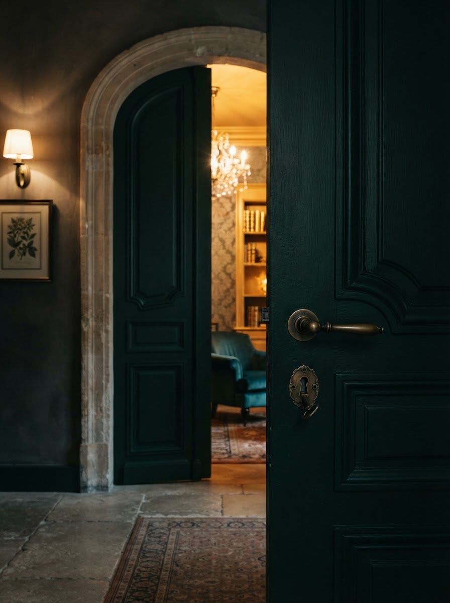 An elegant dark emerald door, partially open, revealing a softly lit golden private room