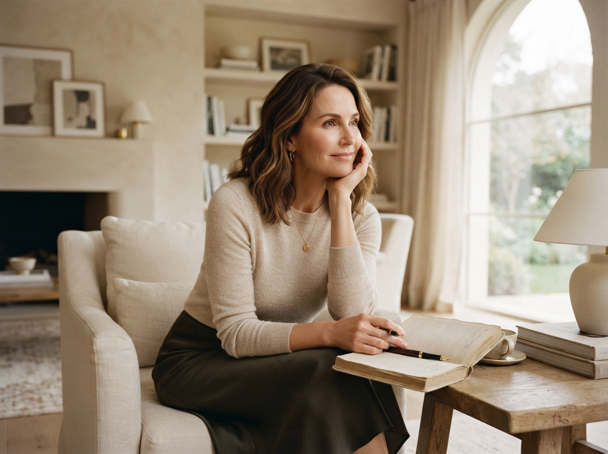 A poised, accomplished woman in a warm, light-filled interior, reflecting on her next chapter