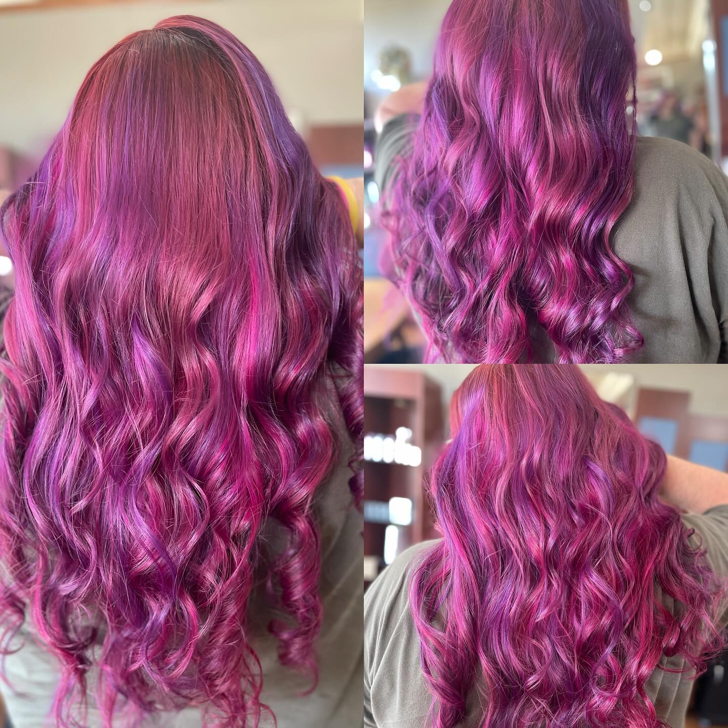 Neon magenta and royal purple ombre — custom vivid hair color transformation by hair color specialist Kate the Hairslayer in Manchester NH