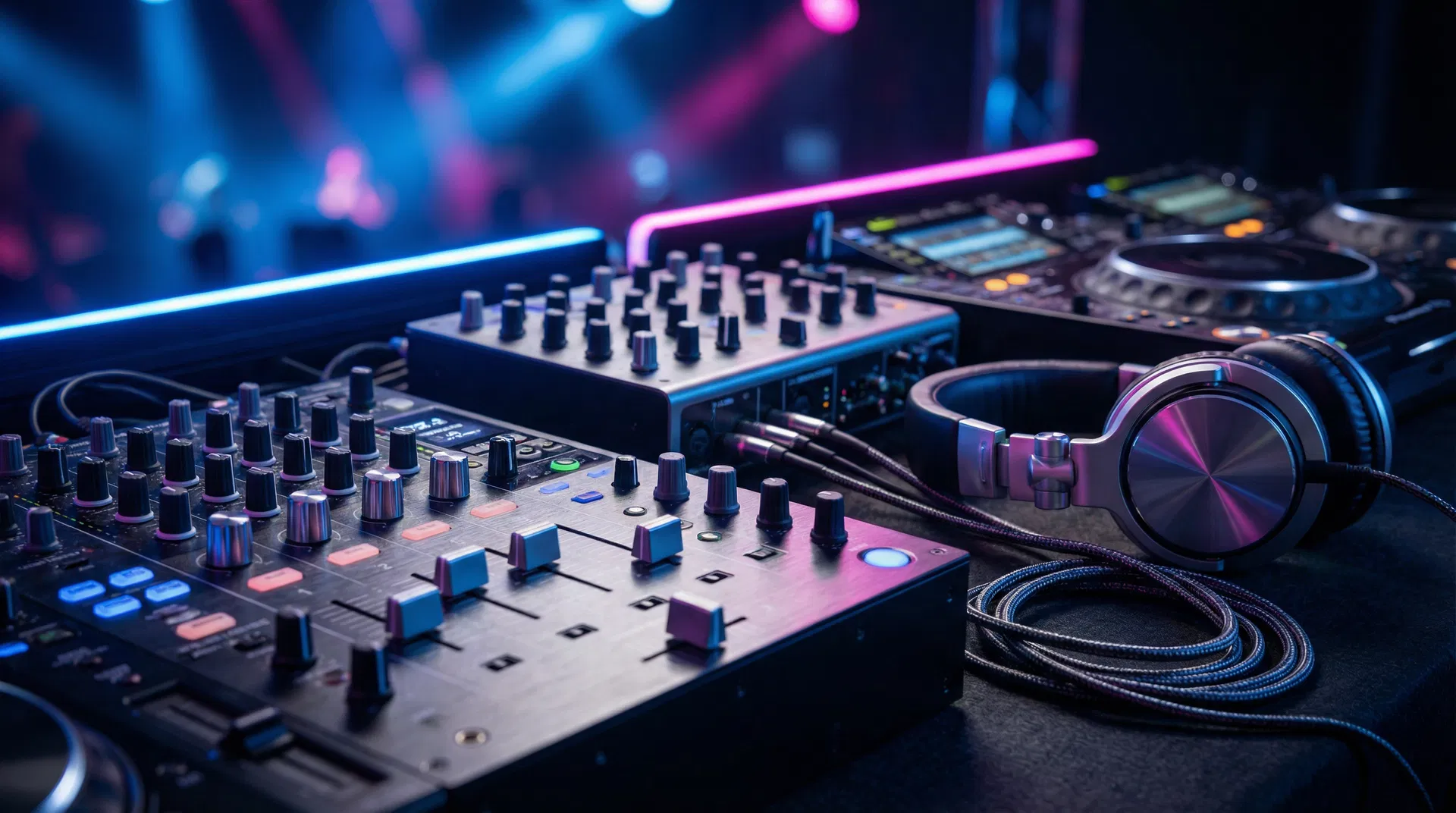 High-end active sound system hire, Pioneer DJ decks, and wireless microphones
