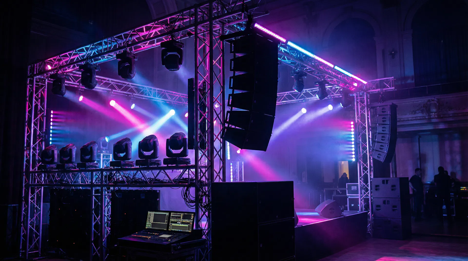 Professional stage lighting setup and ambient room uplighting for corporate event