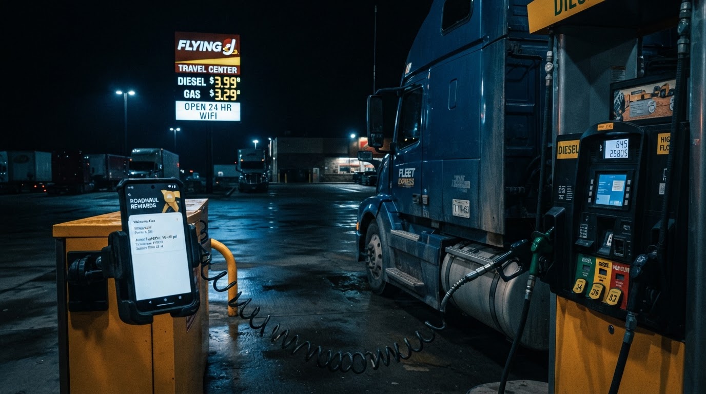 A truck stop fuel island at night with a semi truck being fueled, glowing price sign, and a smartphone on the pump showing a fuel card rewards app, no people, moody blue and amber lighting