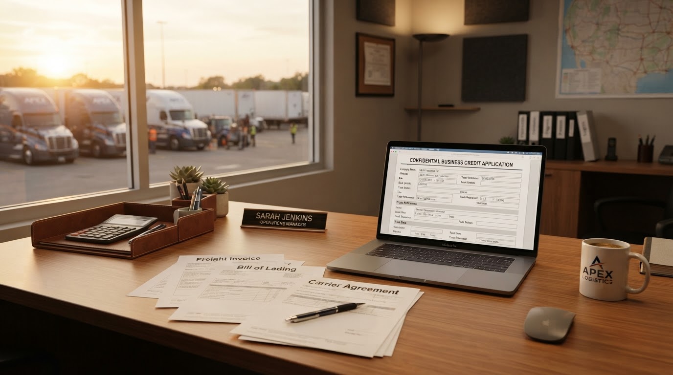 A trucking company office desk at golden hour, paperwork and a laptop showing business credit documents, a coffee mug, warm natural window light, no people, shallow depth of field, clean professional logistics office aesthetic