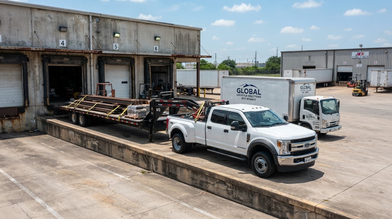 A heavy-duty pickup truck with a gooseneck flatbed trailer parked at a commercial loading dock on a clear day, alongside a white box truck, no people, professional commercial transportation photography