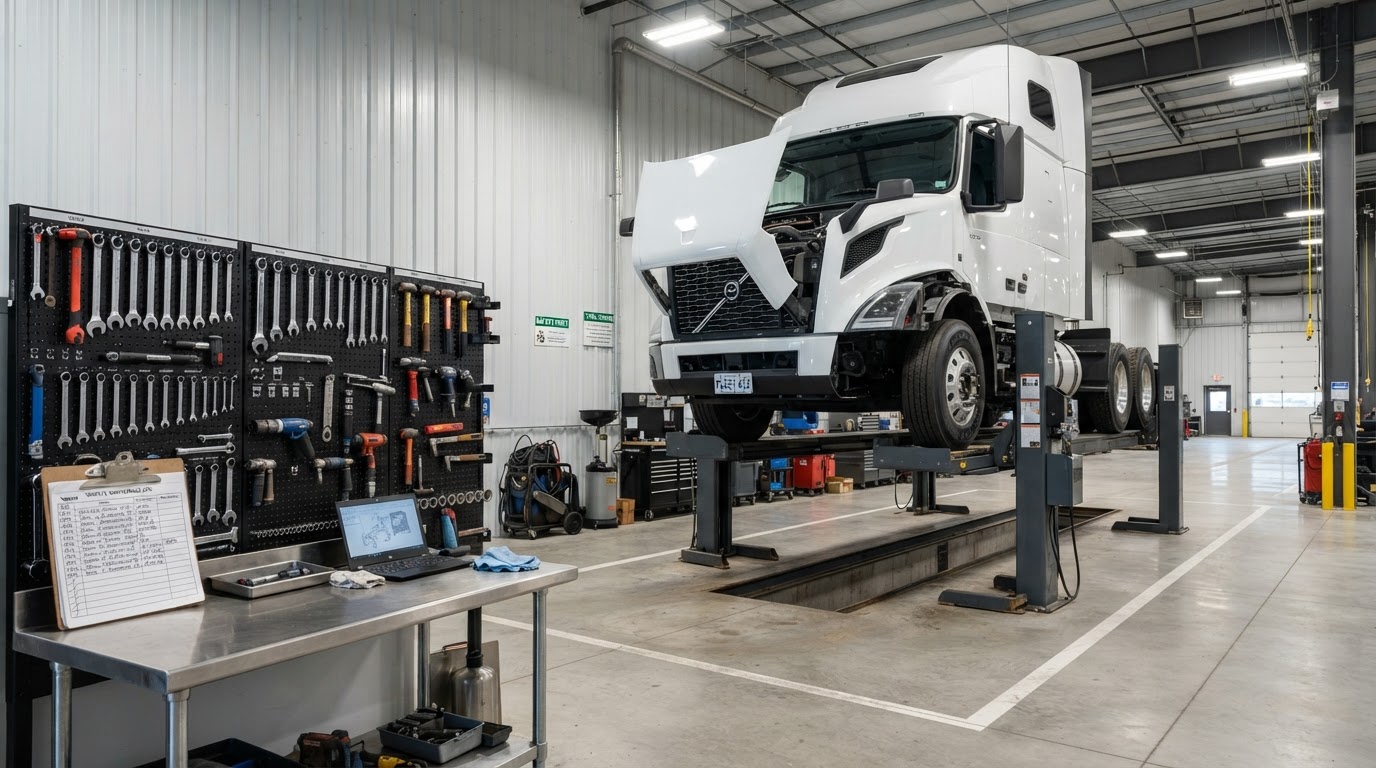 A clean modern truck repair shop bay with a semi truck on a lift, organized tool wall, and a clipboard with maintenance logs on a workbench, no people, bright industrial lighting