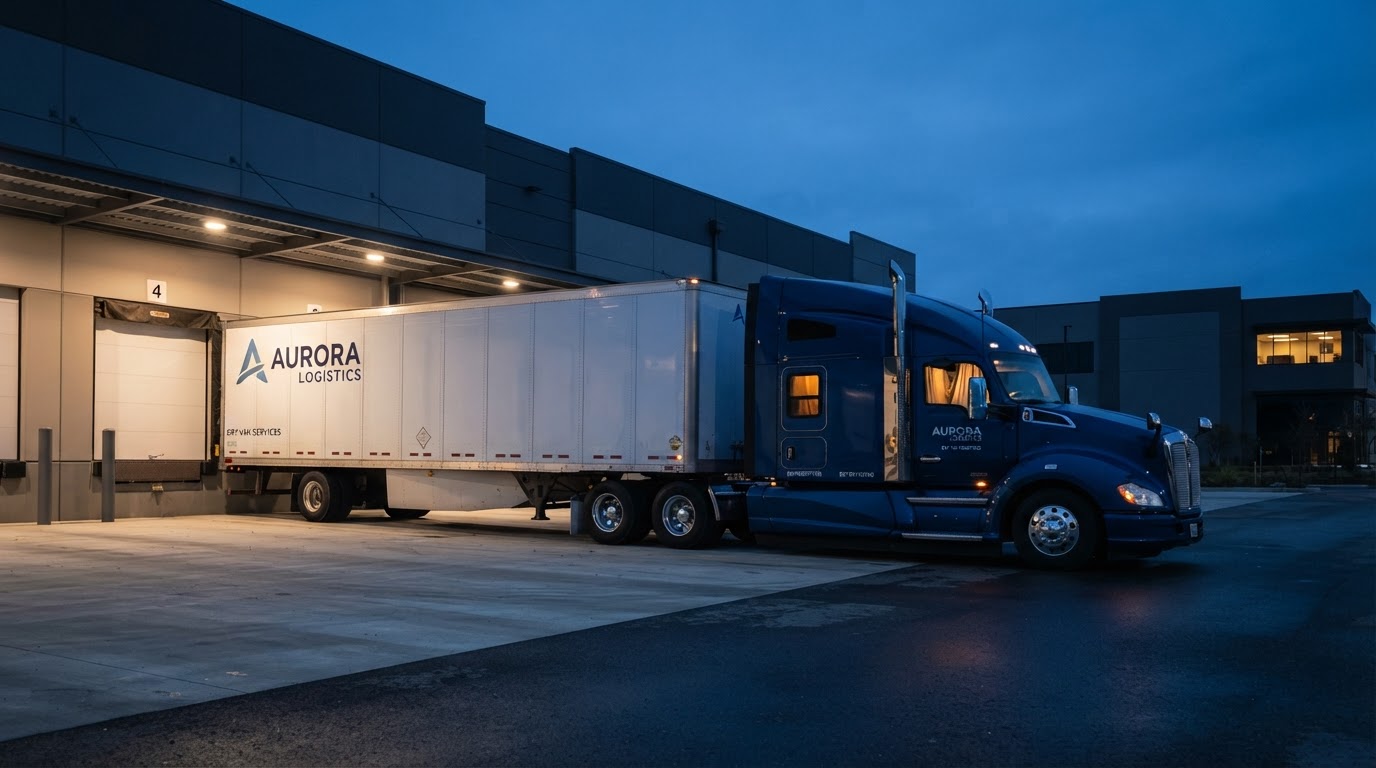 A long-haul semi-truck with a dry van trailer parked at a quiet truck stop loading dock at blue hour, warm cab glow, no people