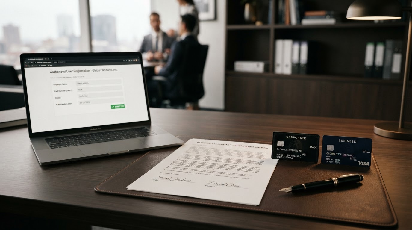 A desk with two business credit cards placed side by side next to a signed contract document and a pen, a laptop showing an authorized user agreement form, warm office lighting, no people, shallow depth of field, professional finance aesthetic