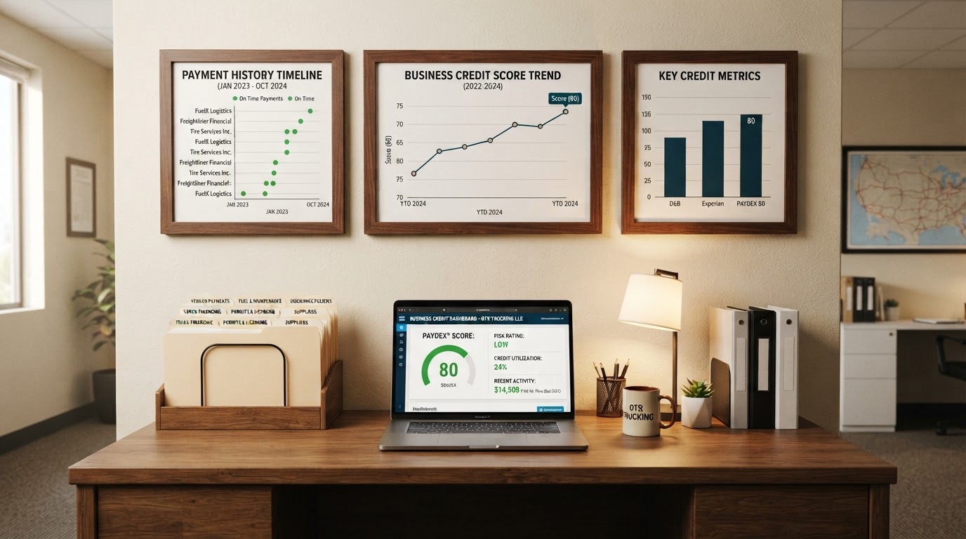 A trucking company office wall with framed business credit score charts and a timeline, a desk below with a laptop showing a PAYDEX score dashboard at 80, neat folders labeled with vendor names, warm ambient lighting, no people, clean professional transportation finance aesthetic
