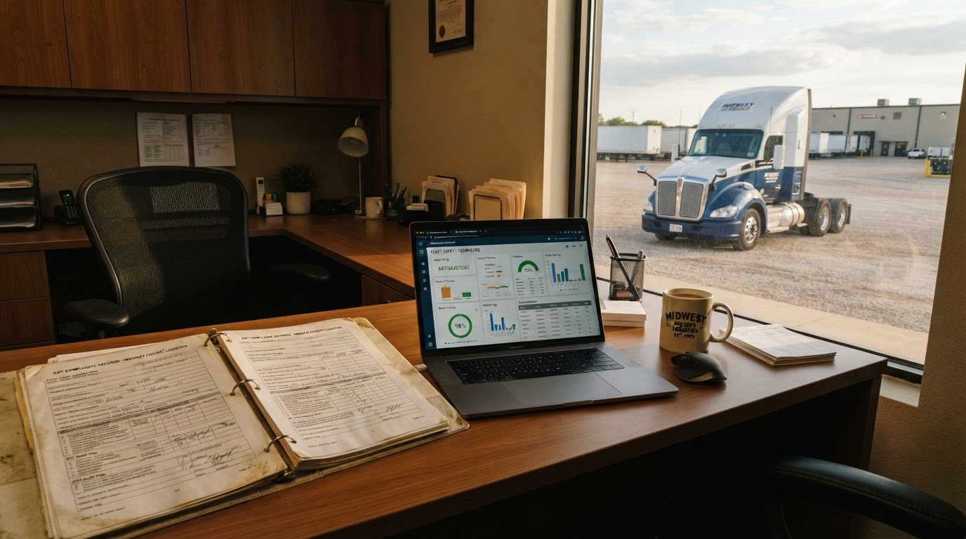 A trucking company office desk with an open binder of DOT compliance records, a laptop showing a safety score dashboard, a coffee mug, and a window with a truck in the lot, no people, warm natural light