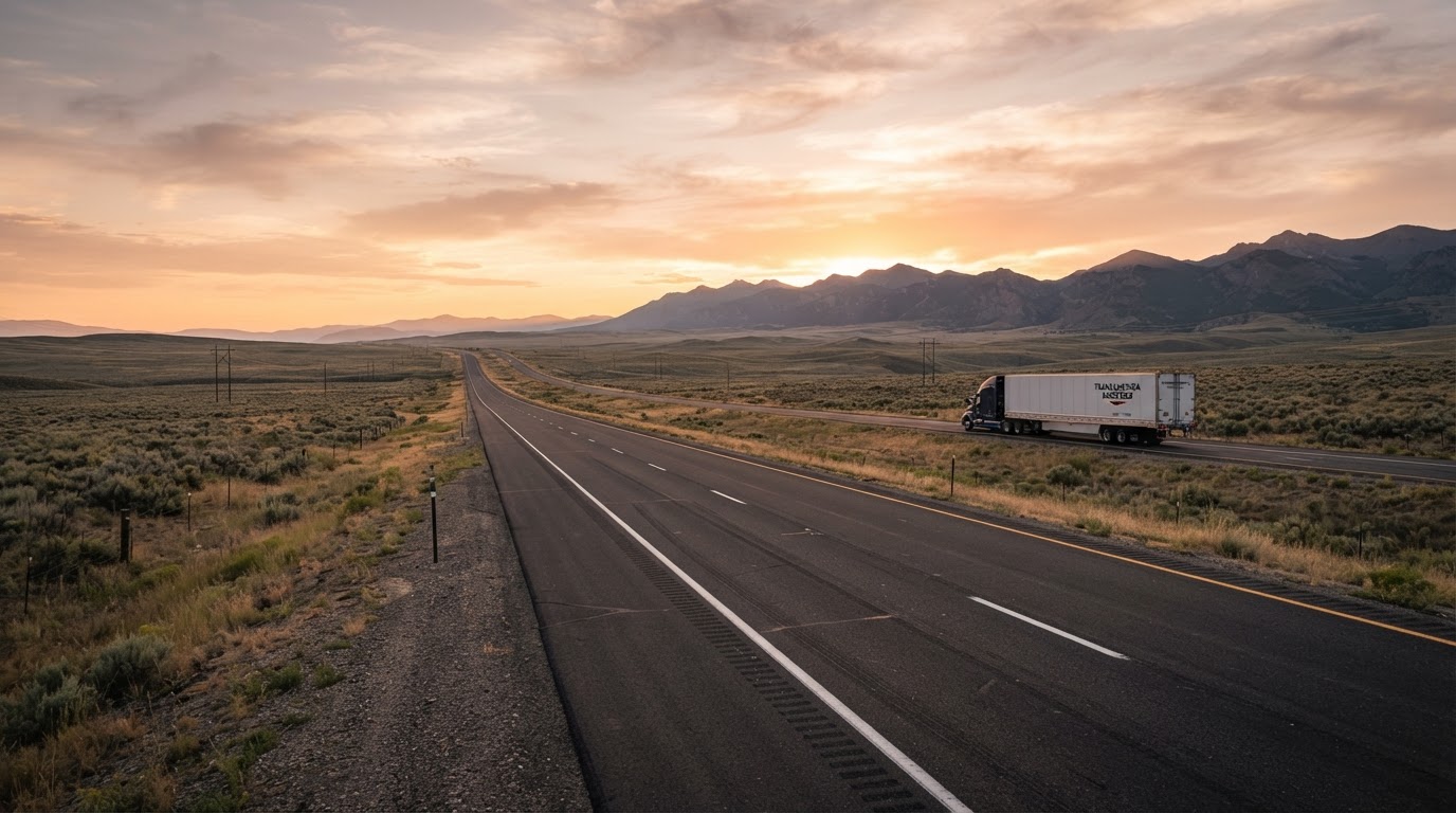 An open highway stretching into the horizon at sunrise with a long-haul semi-truck and trailer driving in the distance