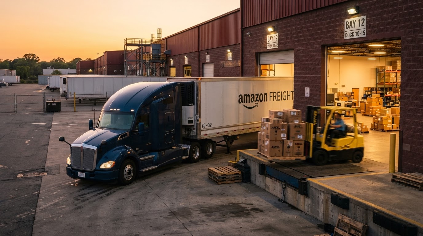 A semi truck and trailer parked at a loading dock warehouse at golden hour, freight being loaded, no people, warm cinematic lighting, industrial logistics photography