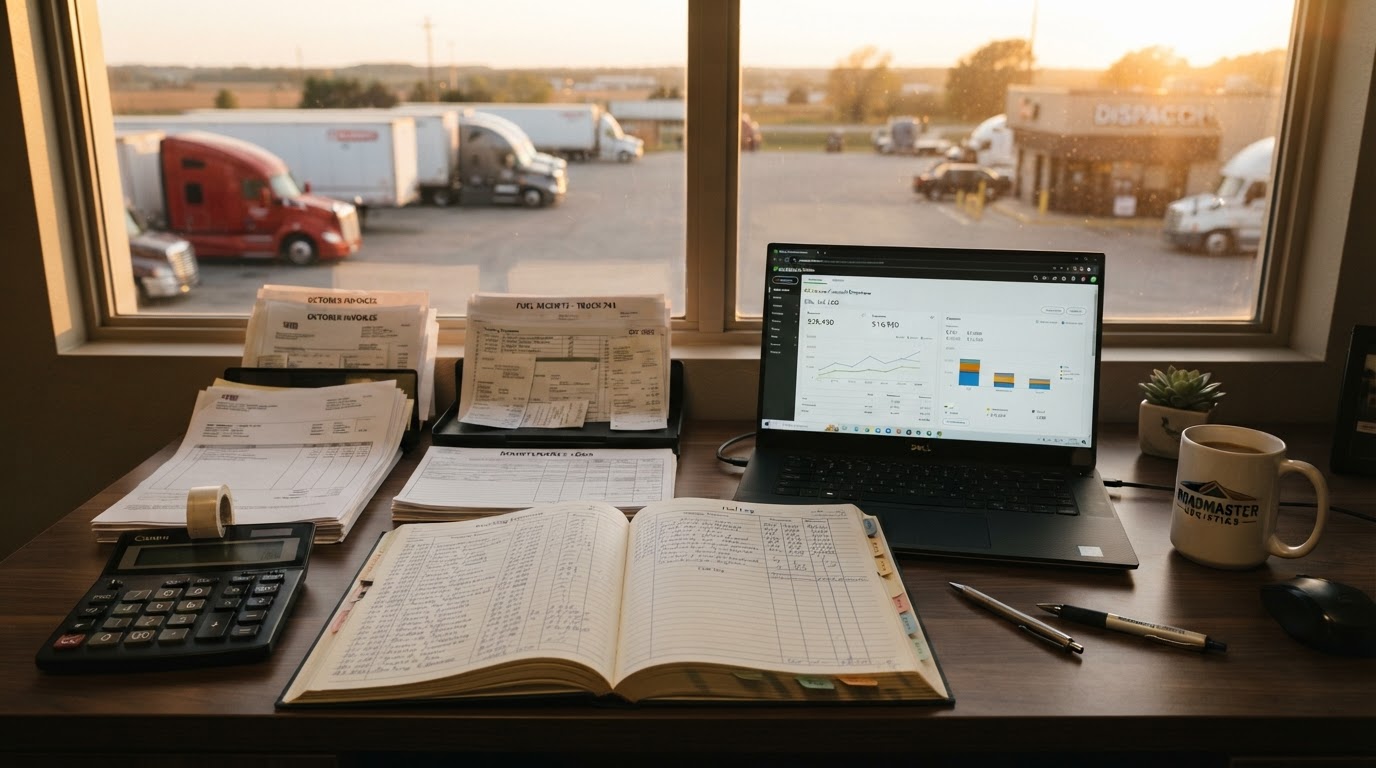 A clean modern trucking company office desk at golden hour with an open ledger book and laptop showing bookkeeping software with charts, a calculator, neat stacks of receipts and invoices, a coffee mug, warm natural window light, no people, shallow depth of field, professional transportation finance office aesthetic