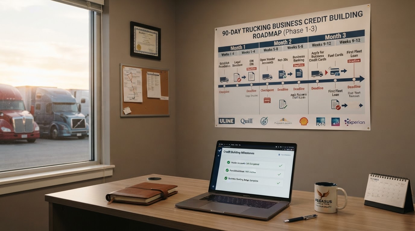 A trucking company office wall with a large printed 90-day business credit building roadmap timeline, a desk below with a laptop showing milestone checkmarks, a calendar, a coffee mug, warm golden hour window light, no people, clean professional transportation finance aesthetic