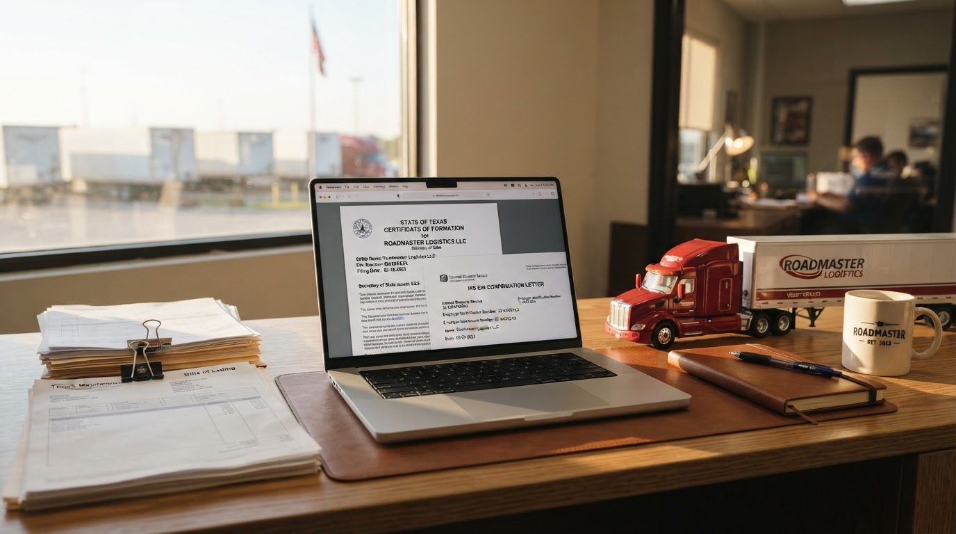 A trucking company office desk with a laptop showing an LLC formation document and an EIN confirmation letter, a model semi truck on the desk, neat stacks of paperwork, warm morning window light, no people, shallow depth of field, clean professional transportation business aesthetic