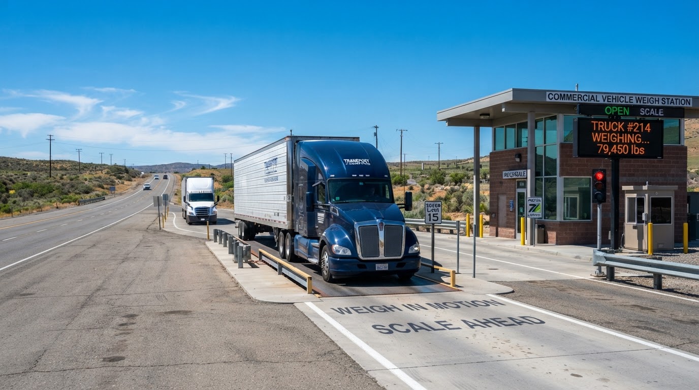 A commercial truck scale weigh station on a highway with a semi truck being weighed, clear blue sky, no people, bright daylight, industrial transportation photography