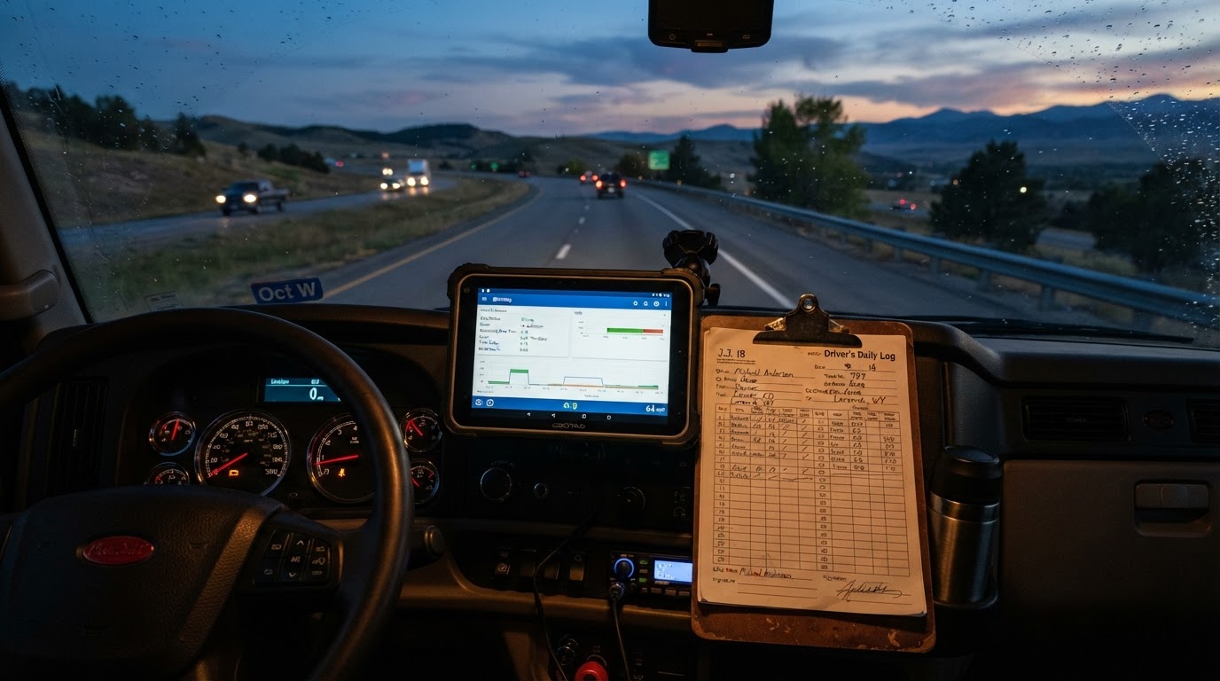 A trucker's logbook and electronic logging device tablet on a semi truck dashboard showing hours of service, with a highway visible through the windshield at dusk, no people, warm ambient lighting