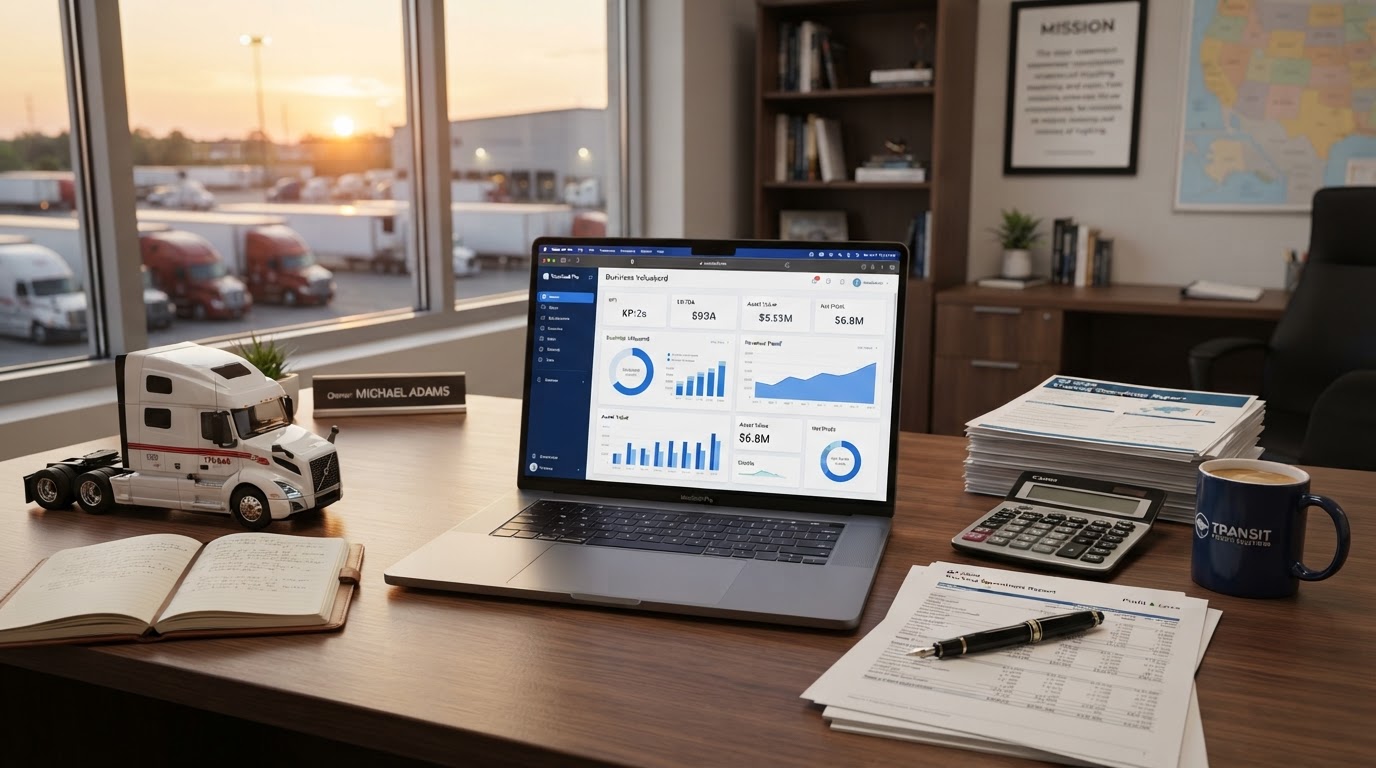 A trucking company office desk at golden hour with a laptop showing a business valuation dashboard and financial charts, a calculator, a fountain pen on a financial report document, a model semi-truck, a coffee mug, warm natural window light, organized clean modern logistics office aesthetic, no people, shallow depth of field, professional commercial photography