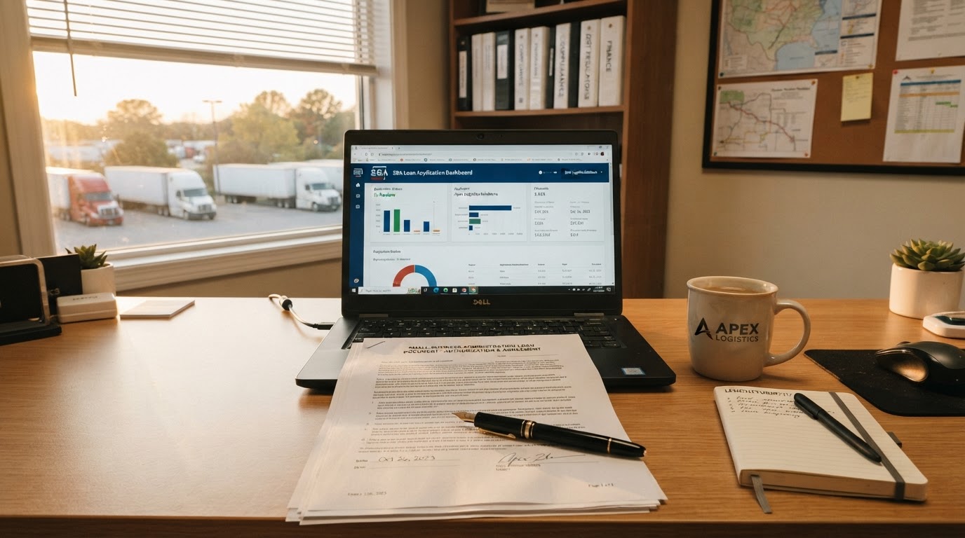 A trucking company office desk at golden hour with an SBA loan application document, a laptop showing a loan dashboard, a fountain pen, and a coffee mug, warm natural window light, organized clean professional logistics office aesthetic, no people, shallow depth of field, professional commercial photography