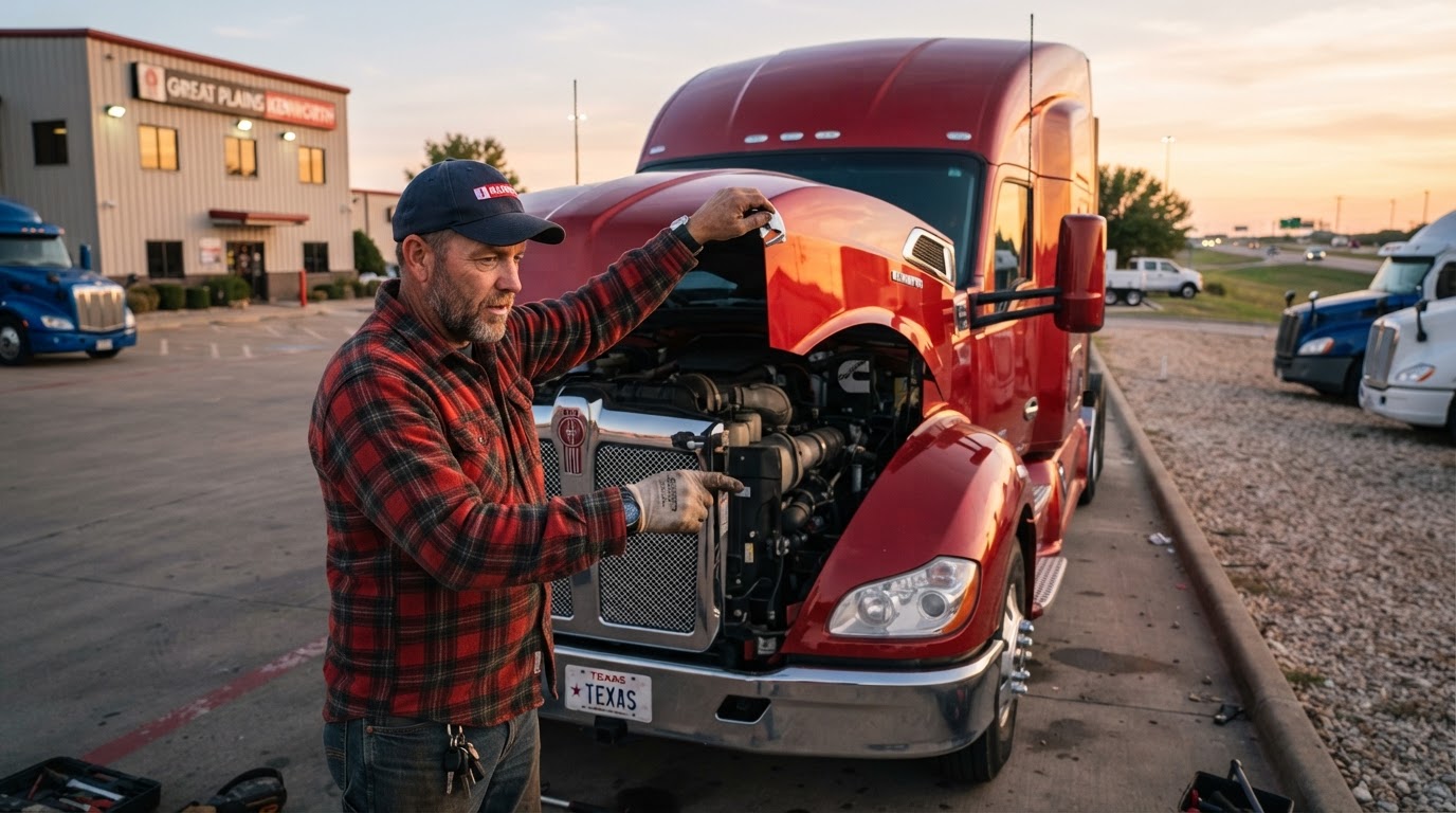 A professional trucker inspecting a shiny new red semi-truck cab at a dealership lot during golden hour