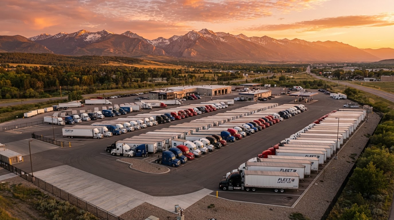 A trucking fleet yard with multiple semi trucks lined up in neat rows at sunset, mountains in the background, no people, warm golden hour lighting, aerial perspective