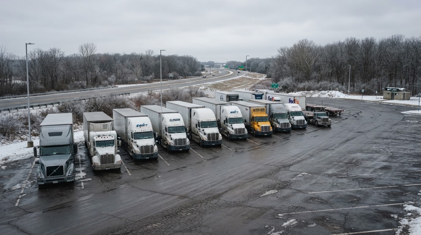A quiet semi truck rest stop parking lot on an overcast winter day with several parked Class 8 semi trucks, grey sky, empty highway in the background, bare trees, no people, muted cool tones, professional transportation photography