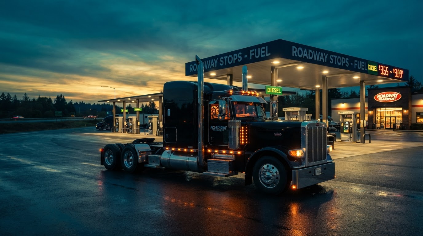 A pristine semi truck tractor parked at a modern truck stop at blue hour dusk, glowing dashboard and running lights, rows of fuel pumps, clean wet asphalt reflections, no people, photorealistic editorial transportation photography