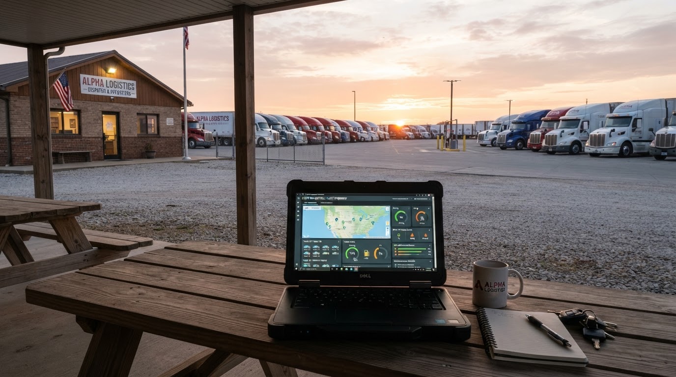 A trucking fleet parking lot at sunrise with rows of semi trucks, a small office building, and an open laptop on a table showing a fleet management dashboard, no people, soft morning light