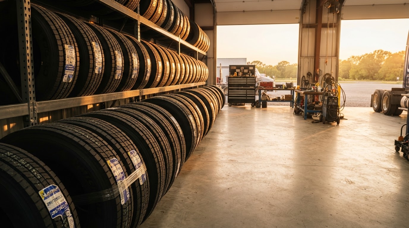 A row of brand new commercial truck tires stacked neatly inside a clean trucking fleet maintenance shop, golden hour light streaming through the bay door, no people, photorealistic, warm natural lighting