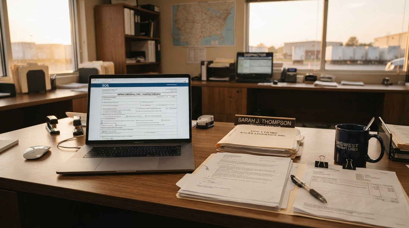 A trucking company office desk at golden hour, legal documents and a laptop showing UCC filing forms, a pen, a coffee mug, warm natural window light, organized paperwork, no people, shallow depth of field, clean professional logistics office aesthetic