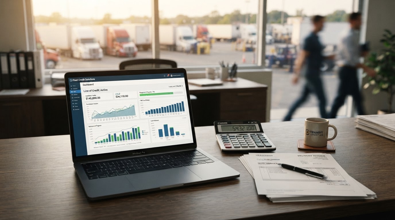 A trucking company office desk at golden hour with a laptop showing a business line of credit dashboard with available funds and financial charts, a calculator and neat stacks of invoices, warm natural window light, no people, shallow depth of field, clean professional transportation finance office aesthetic