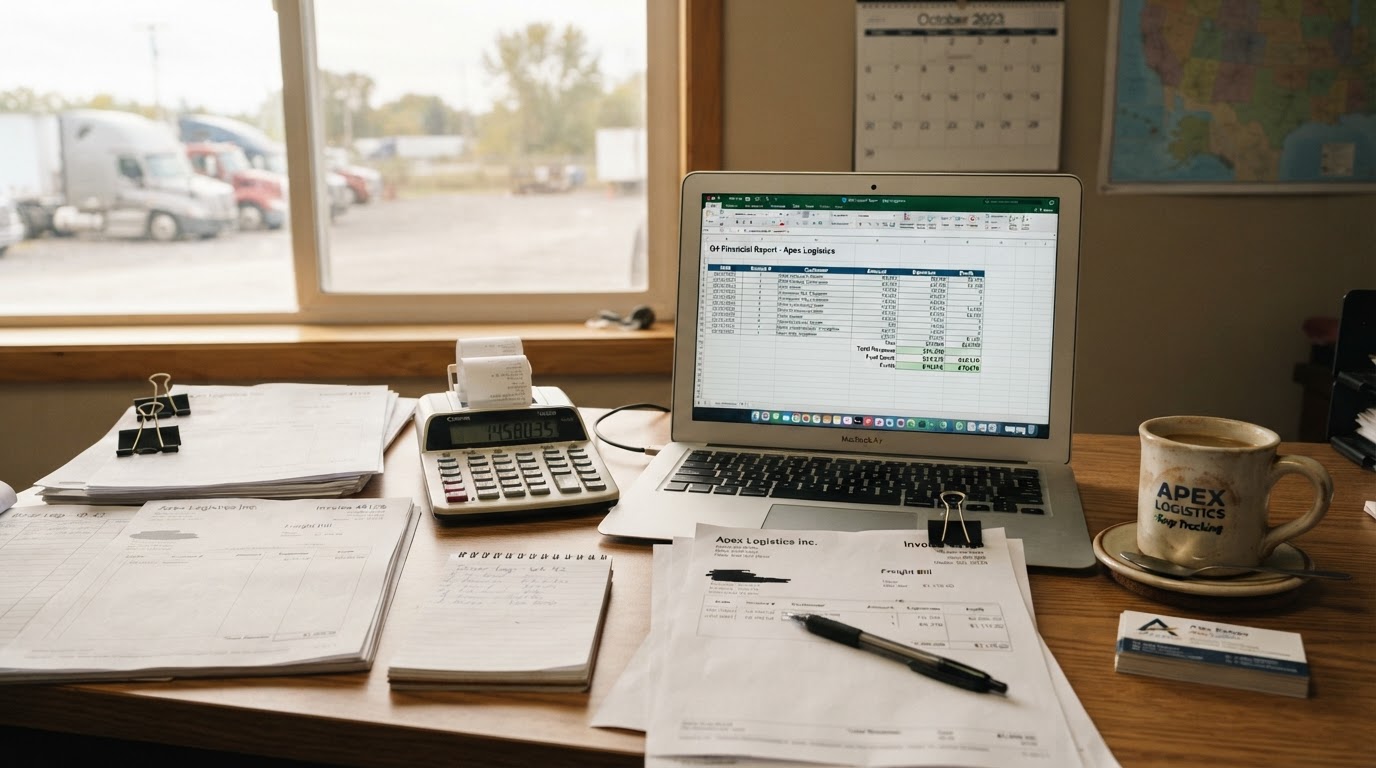 A trucking business office desk with an open laptop showing financial documents, a calculator, invoices, and a coffee cup in warm natural light