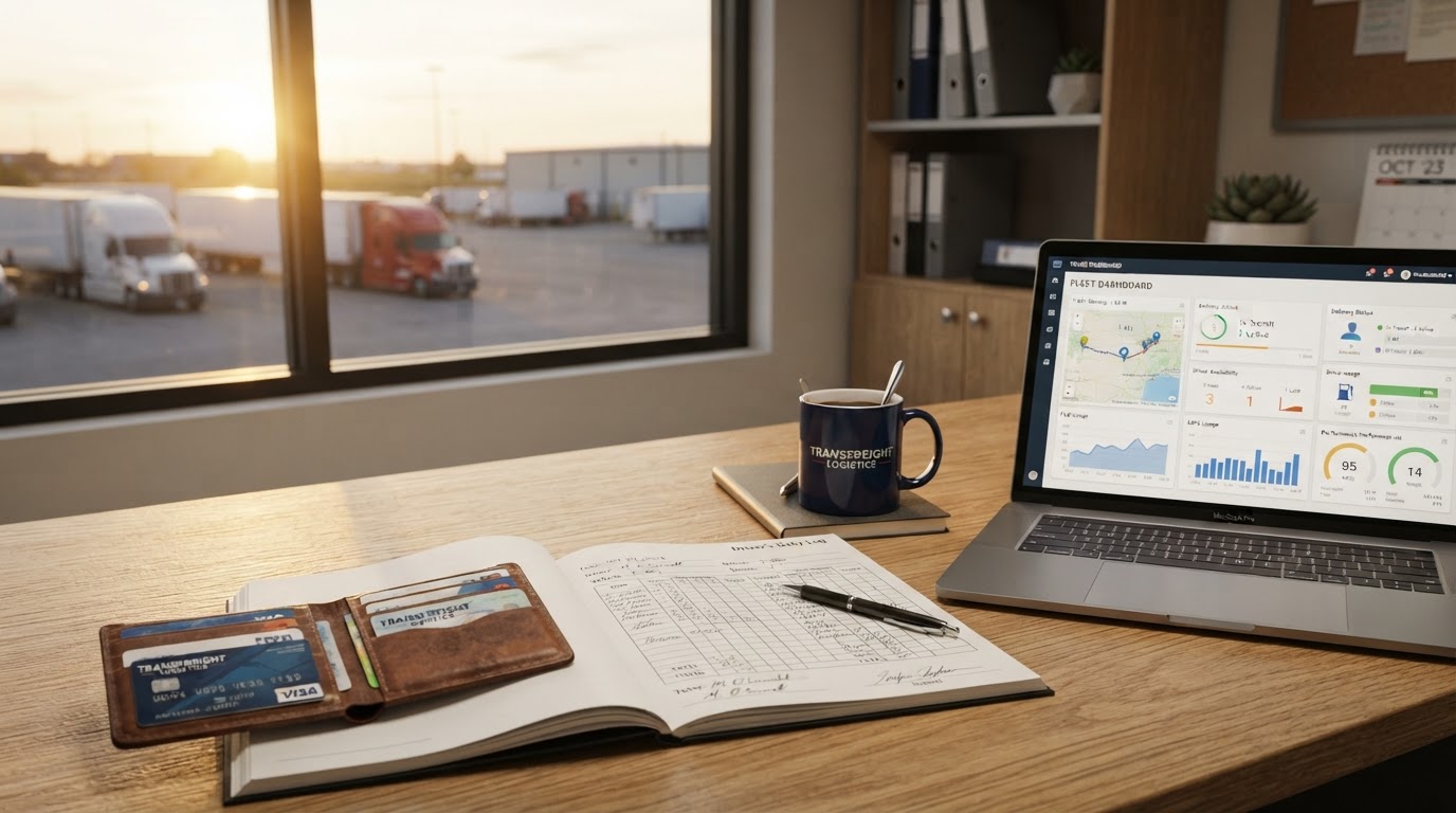 A clean modern trucking company office desk at golden hour with a wallet holding business credit cards, a laptop showing a fleet dashboard, a coffee mug, and a trucking logbook, no people