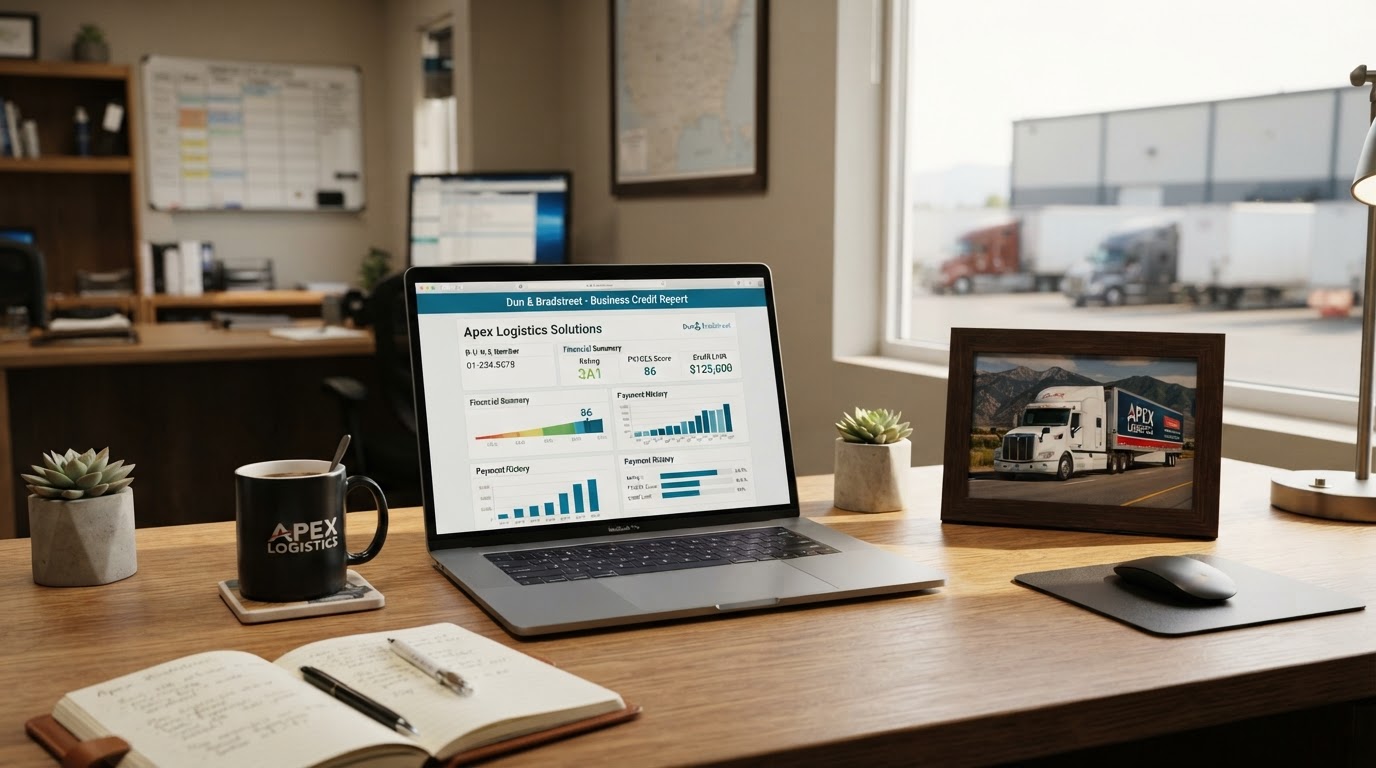 A modern trucking company office desk with a laptop showing a Dun & Bradstreet business credit report, a coffee cup, and a framed photo of a semi truck, warm natural window light, no people, editorial business photography style
