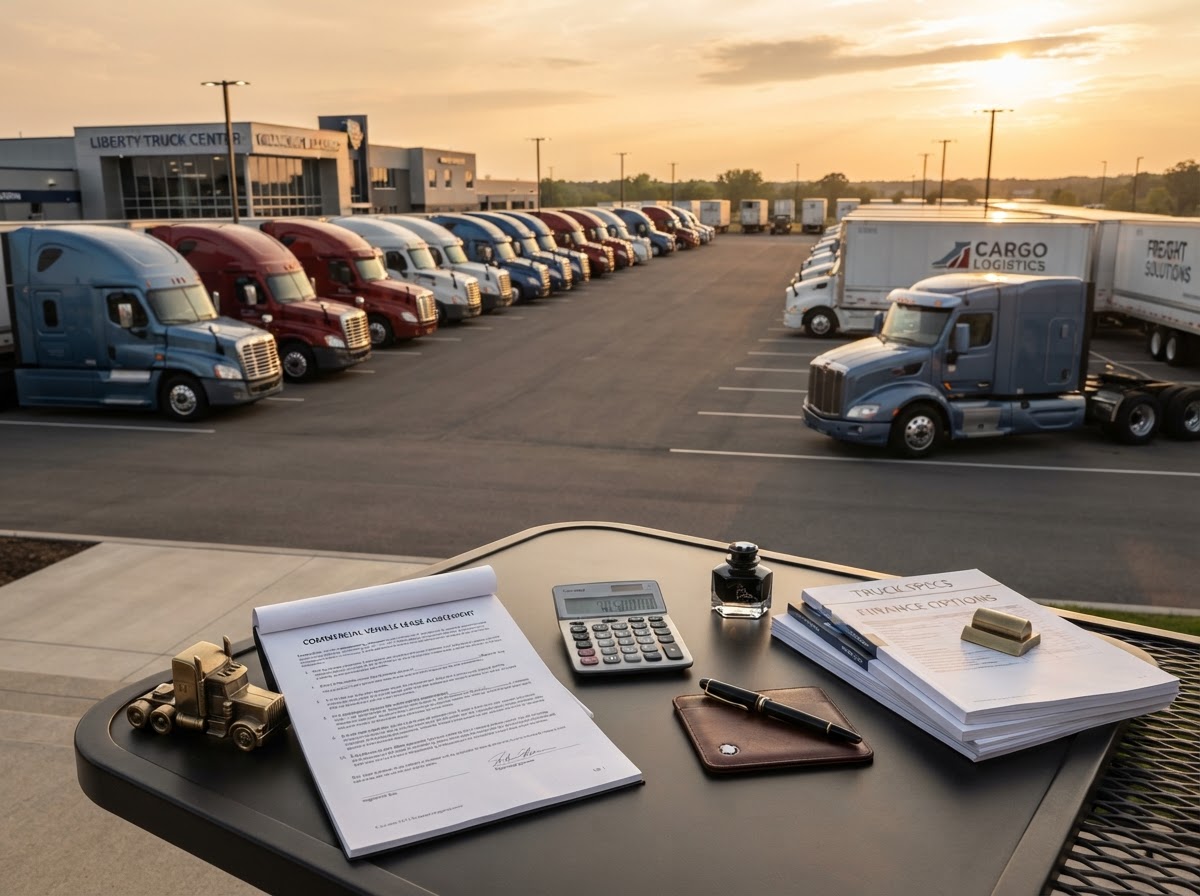 A clean modern commercial truck dealership lot at golden hour with rows of semi-truck tractors and dry-van trailers, a smooth metal outdoor table in the foreground with a printed truck leasing contract, financial calculator, and fountain pen, warm late-afternoon sun, no people, shallow depth of field, professional commercial transportation finance photography